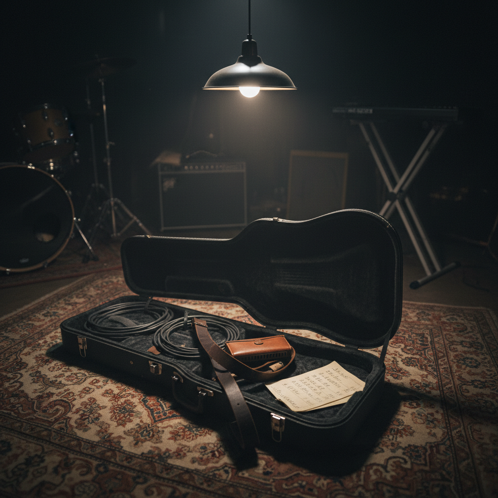 A dimly lit rehearsal space centered on a slightly scuffed black guitar case lying open on a rug, revealing coiled instrument cables, a harmonica case, a worn leather strap, and a few dog-eared setlists with handwritten song titles, not readable. Around it, the edges of a drum kit, a bass amp, and a keyboard stand fade softly into the background. A single overhead bulb casts moody, directional light, creating dramatic shadows and pockets of darkness, evoking the quiet before a gig. Shot from a slightly elevated angle with a shallow depth of field that keeps the open case in sharp focus while the room falls into soft blur. The photographic style is cinematic, realistic, and slightly gritty, emphasizing atmosphere and memory.