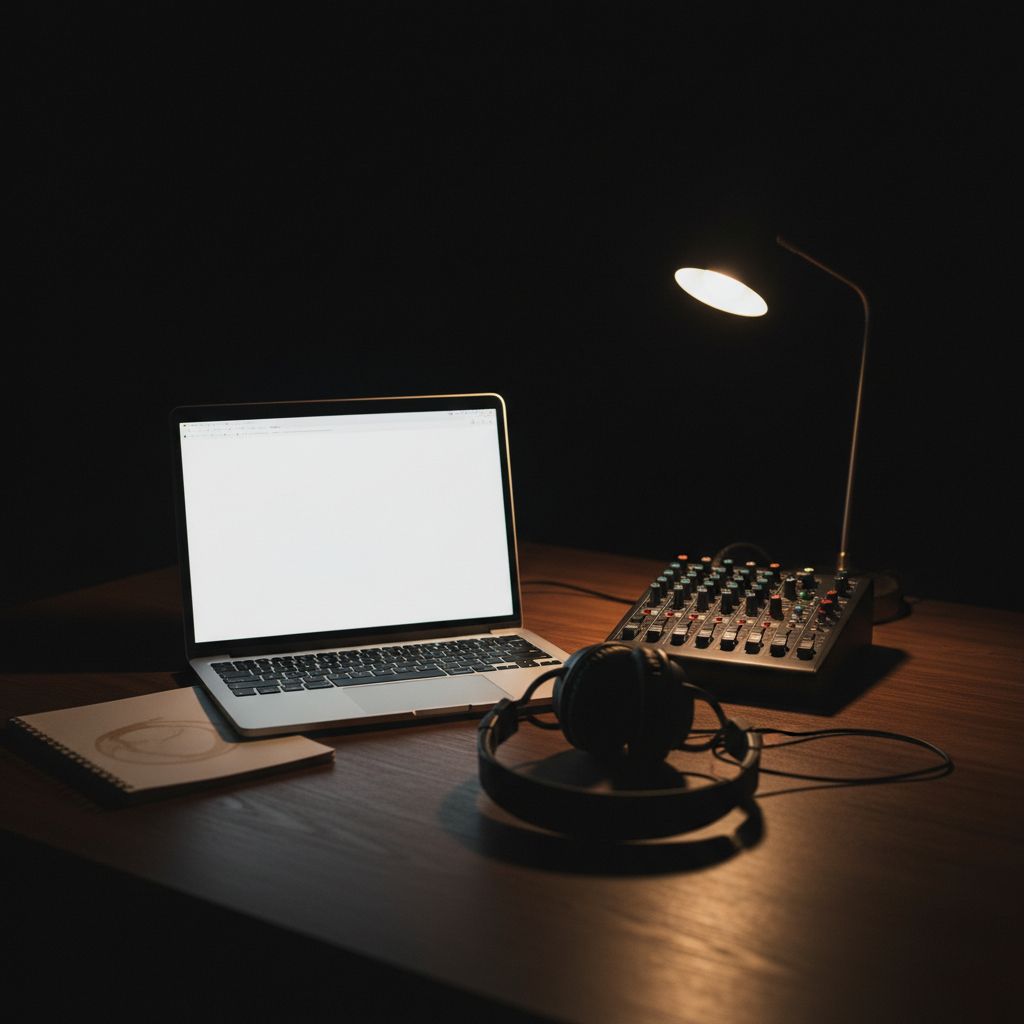 A quiet, late-night desk scene featuring an open laptop displaying a blank document, placed beside a small analog mixing console and a pair of closed-back studio headphones resting on their side. The desk is a dark, smooth wood, with a single notebook and a coffee mug ring subtly visible. The only light comes from the laptop screen and a small desk lamp with a warm bulb, casting a focused pool of light that fades into deep shadows around the edges of the frame. The mood is introspective and slightly moody, suggesting a writer capturing stories from the road. Shot at eye level with a shallow depth of field that keeps the laptop and headphones in crisp focus while the background recedes softly. Photographic realism with a clean, modern aesthetic.