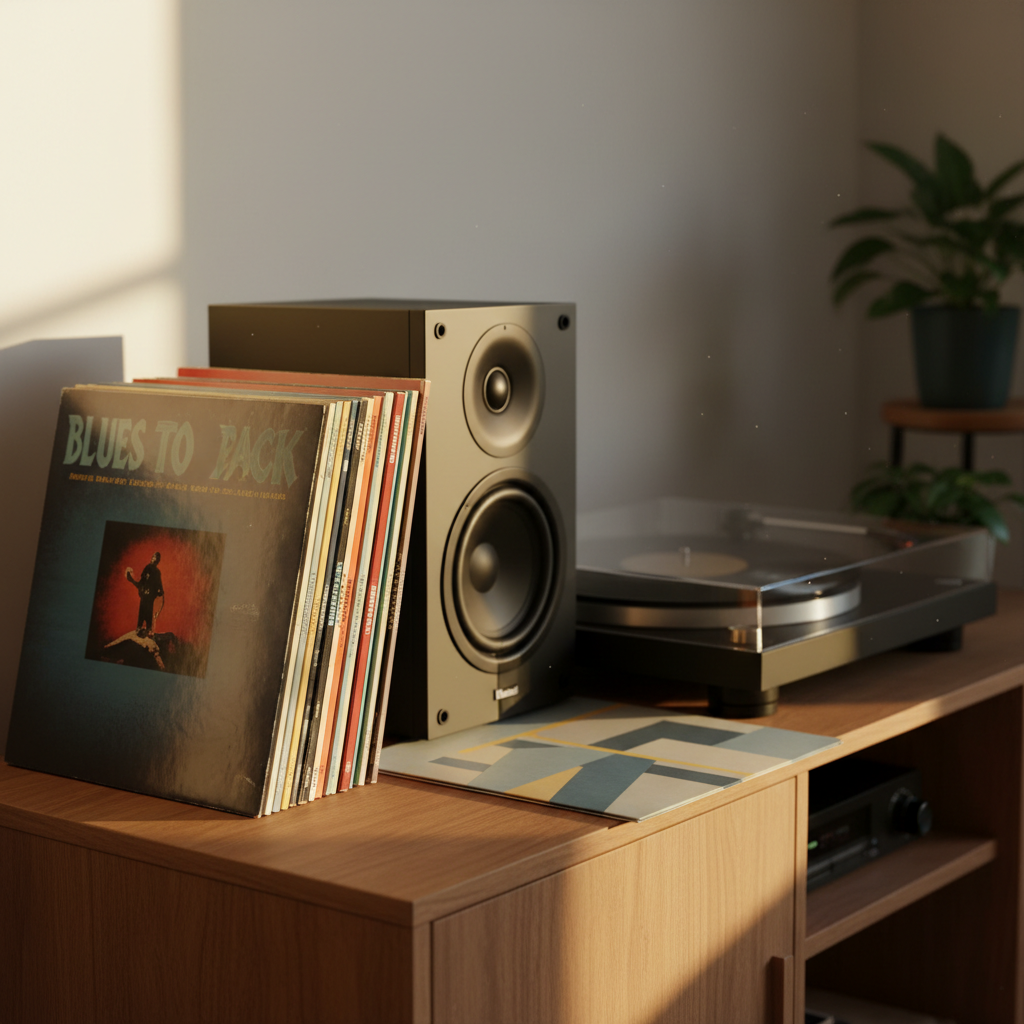 A neat stack of classic blues, jazz, and rock vinyl records leaning against a matte black bookshelf speaker on a low wooden cabinet. The record jackets show subtle edge wear and slightly faded colors, with iconic vintage typography visible but not legible. A turntable with a clear dust cover sits nearby, tonearm resting in its cradle, with a single record sleeve laid flat in front. Late-afternoon window light spills across the scene, creating soft reflections on the vinyl and gentle shadows behind the stack. The mood is warm and contemplative, suggesting a lifetime of listening. Photographed at eye level with balanced composition and moderate depth of field, in a clean, realistic style that feels both modern and nostalgic.