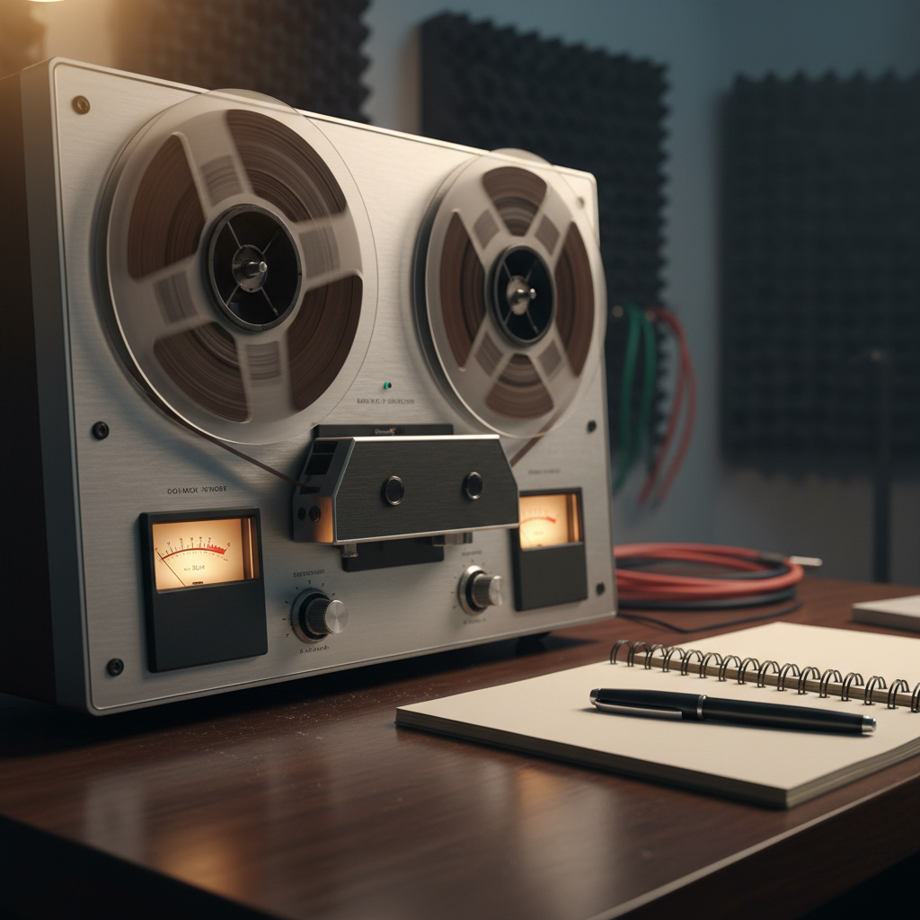 A close, detailed photographic shot of a vintage analog tape deck on a sturdy studio desk, its brushed metal faceplate softly reflecting ambient light. Twin VU meters glow warm amber, needles frozen mid-level, and large, slowly spinning reels of magnetic tape show faint texture. Nearby, a spiral notebook lies open with a pen across its center, pages slightly curled. Cool, diffused overhead lighting mixes with a subtle warm accent light from the side, creating a balanced, thoughtful mood that suggests recording and reflection. Captured from a low, three-quarter angle with the tape deck dominating the frame, background softly blurred with hints of acoustic foam and a few coiled cables. The composition feels professional, clean, and reverent toward classic recording gear.