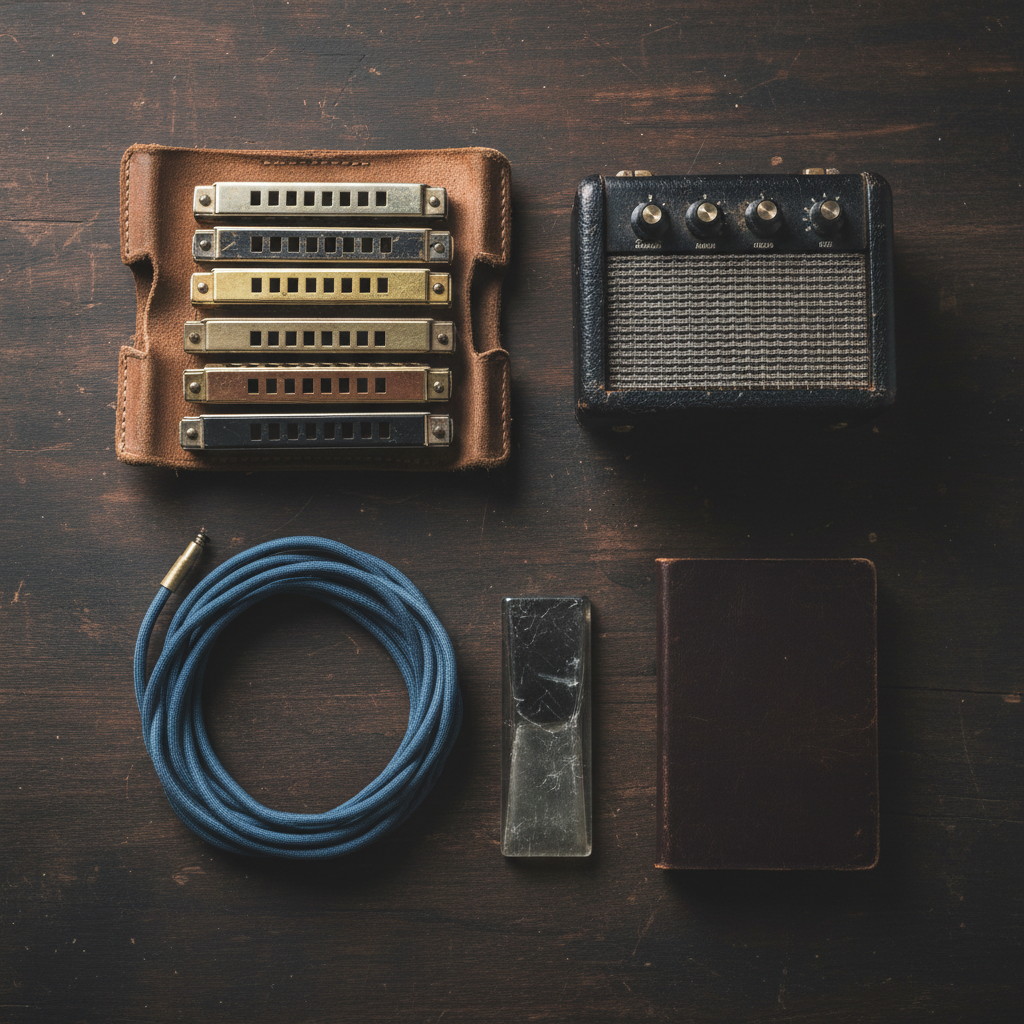 A meticulously composed flat lay of a blues musician’s tools spread across a dark, textured tabletop: a row of differently keyed harmonicas in a soft, worn case, a compact tube amp head, a coiled cloth-covered instrument cable, a well-used slide, and a small notebook with a closed cover. Subtle scratches, tarnish, and frayed edges give each object a sense of history. Soft, diffused overhead lighting eliminates harsh shadows while creating gentle highlights on metal and lacquer surfaces. The color palette is rich but subdued, emphasizing deep blues, browns, and brass tones. The mood is reverent and quietly proud, suggesting decades of gigs and stories. Photographed from directly above with sharp focus and careful spacing, in a clean, documentary-style image that feels authentic and professional.